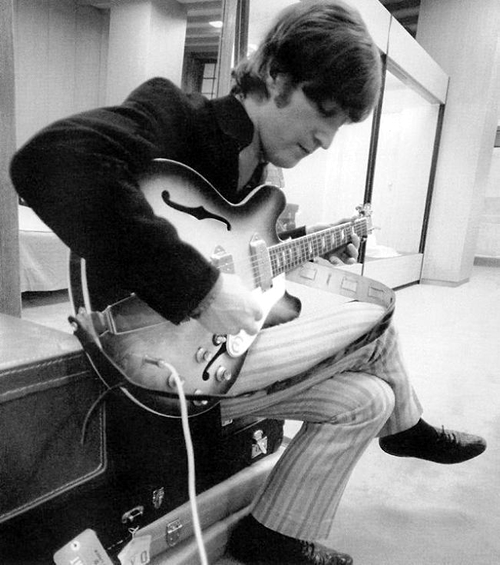 John Lennon with Epiphone Casino guitar at Revolver sessions, 1966