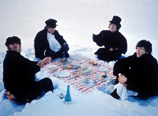 The Beatles on the set of Help! in the Austrian Alps, 1965. The Beatles on the set of Help! in the Austrian Alps, 1965.
